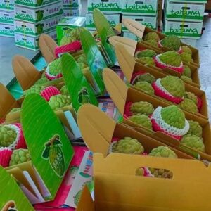 釋迦完成包裝後堆疊整齊，工作人員準備出貨配送，確保新鮮直送到府。