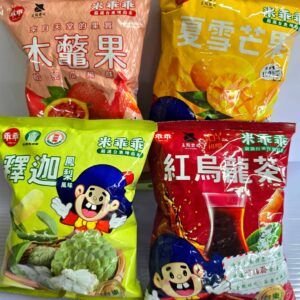 米乖乖四口味風味組合包，包含夏雪芒果、紅烏龍茶、釋迦鳳梨、木鱉果哈密瓜口味。